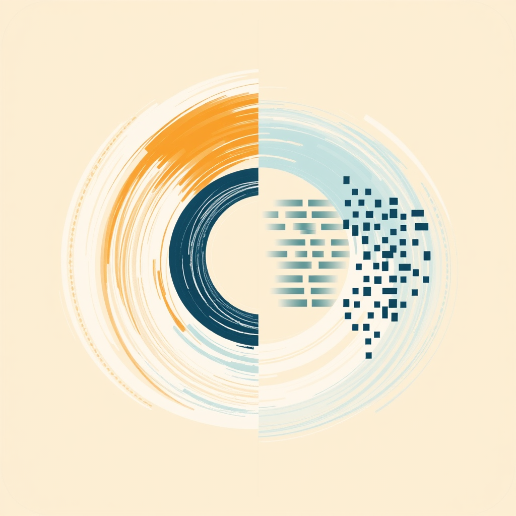 Sub-design Idea 5: 'Shared Canvas Construct'. An icon visually splitting a central creative element (e.g., a circle or square being 'drawn' or 'formed'), with one side showing a human tool's influence (like a brush stroke texture) and the other an AI's influence (like pixelation or algorithmic pattern).