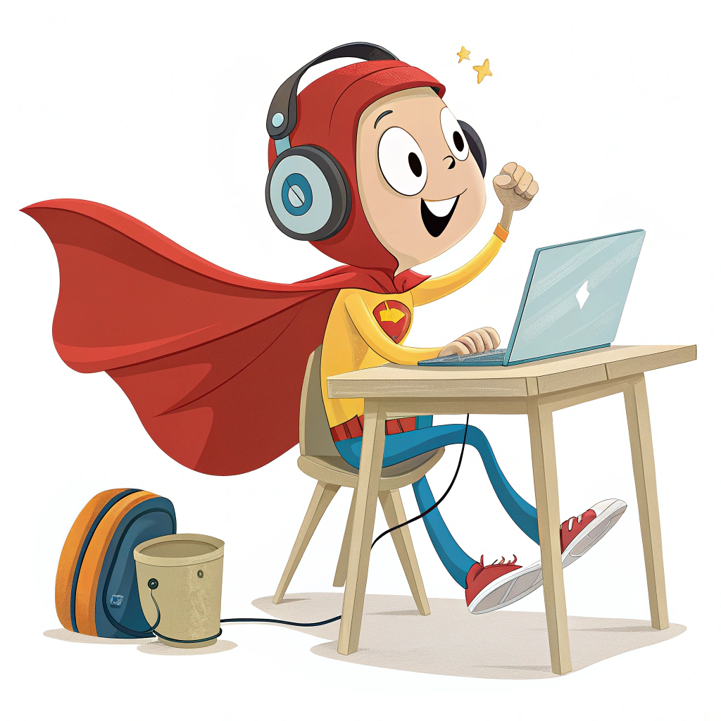 A cartoon character wearing headphones and a superhero cape while sitting at a desk with a laptop.