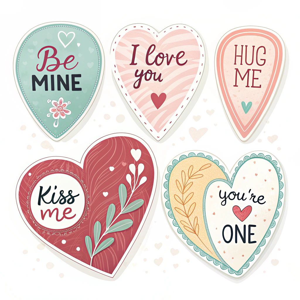 A series of heart-shaped stickers with different hand-lettered messages like 'Be Mine', 'I Love You', 'Hug Me', 'Kiss Me', and 'You're the One'.