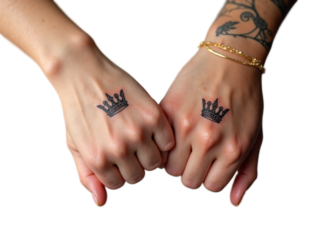 A coordinated couple's small crown tattoos on their ring fingers, with elegant and regal designs positioned like wedding bands.