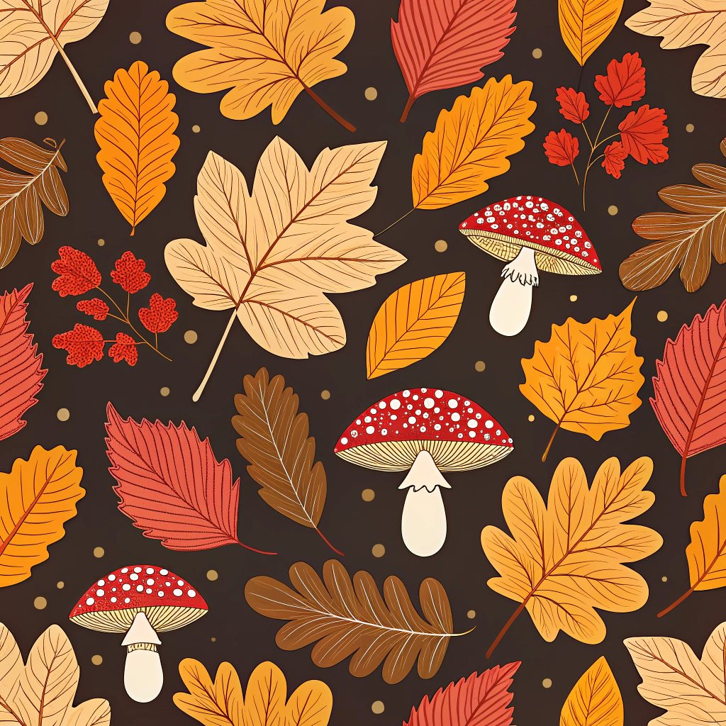 An array of autumnal leaves in warm hues mingling with clusters of red and white spotted mushrooms.