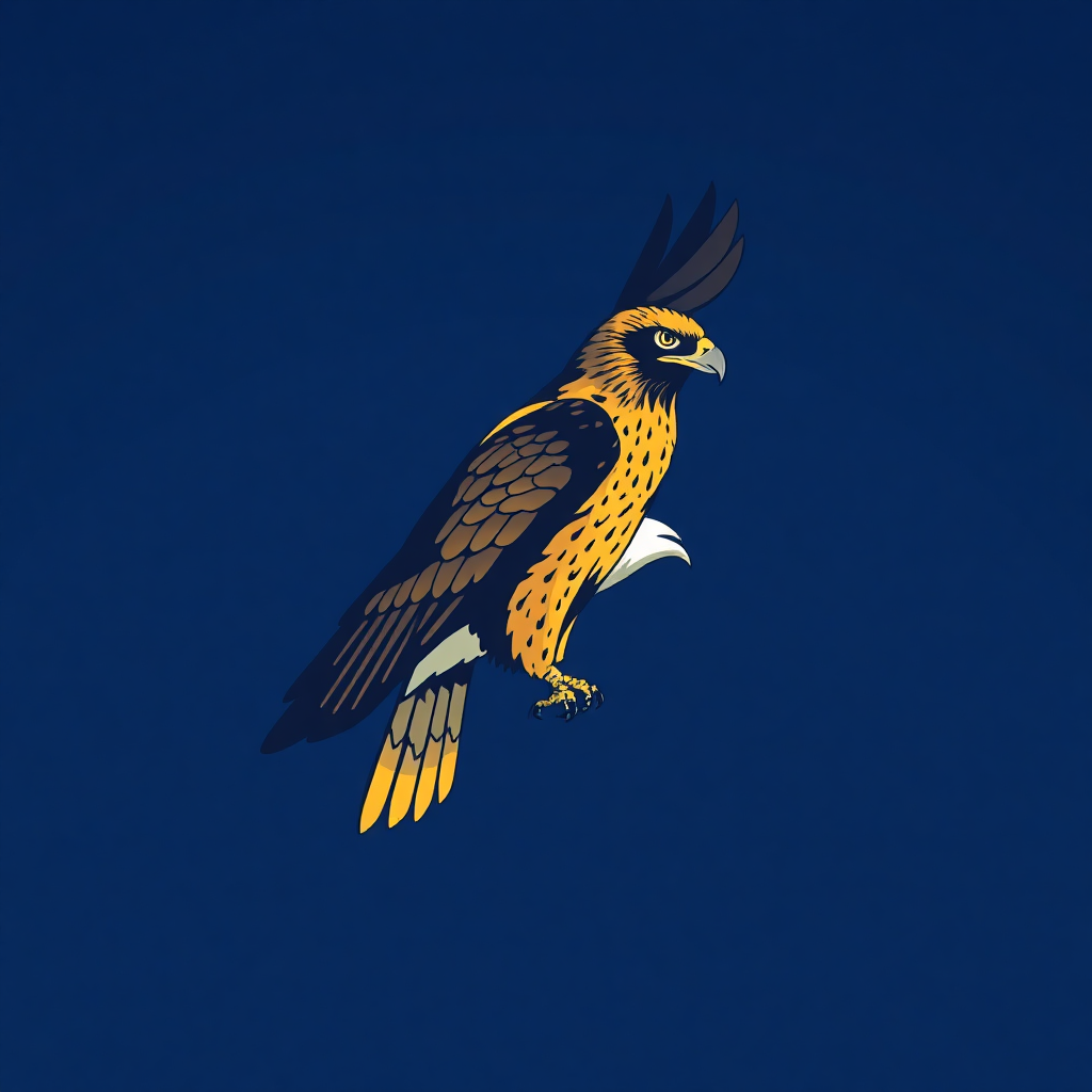 The image is a digital illustration of a bird of prey, specifically a hawk, in flight. The bird is in mid-flight, with its wings spread wide and its head turned towards the right side of the image. The background is a deep blue color, and the bird's feathers are a mix of brown and yellow, with hints of orange and black. The hawk's beak is yellow and its eyes are a piercing yellow. The illustration is detailed and realistic, with sharp lines and shading to give it a lifelike appearance.