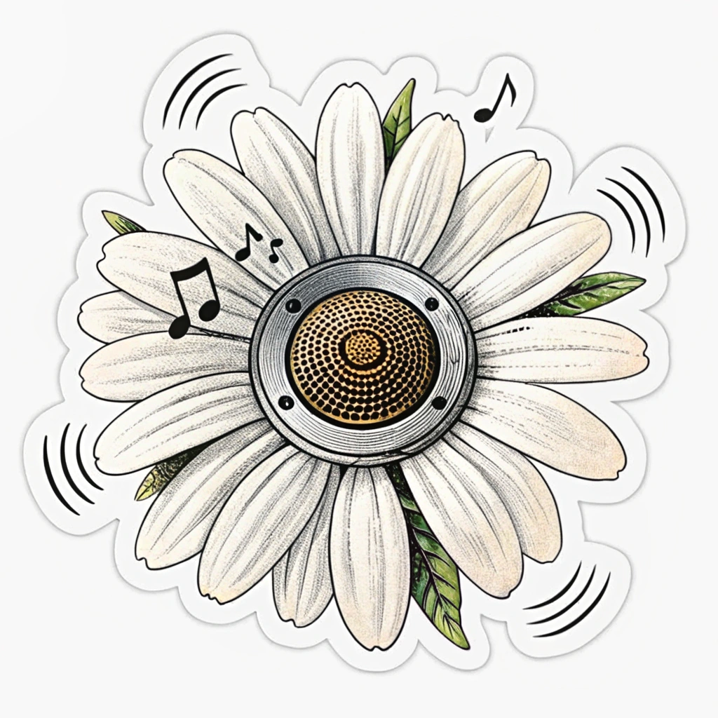 The center of the daisy depicted as a vintage speaker grille, with soundwaves pulsing outwards, morphing into daisy petals. Each petal could have a different textured soundwave.