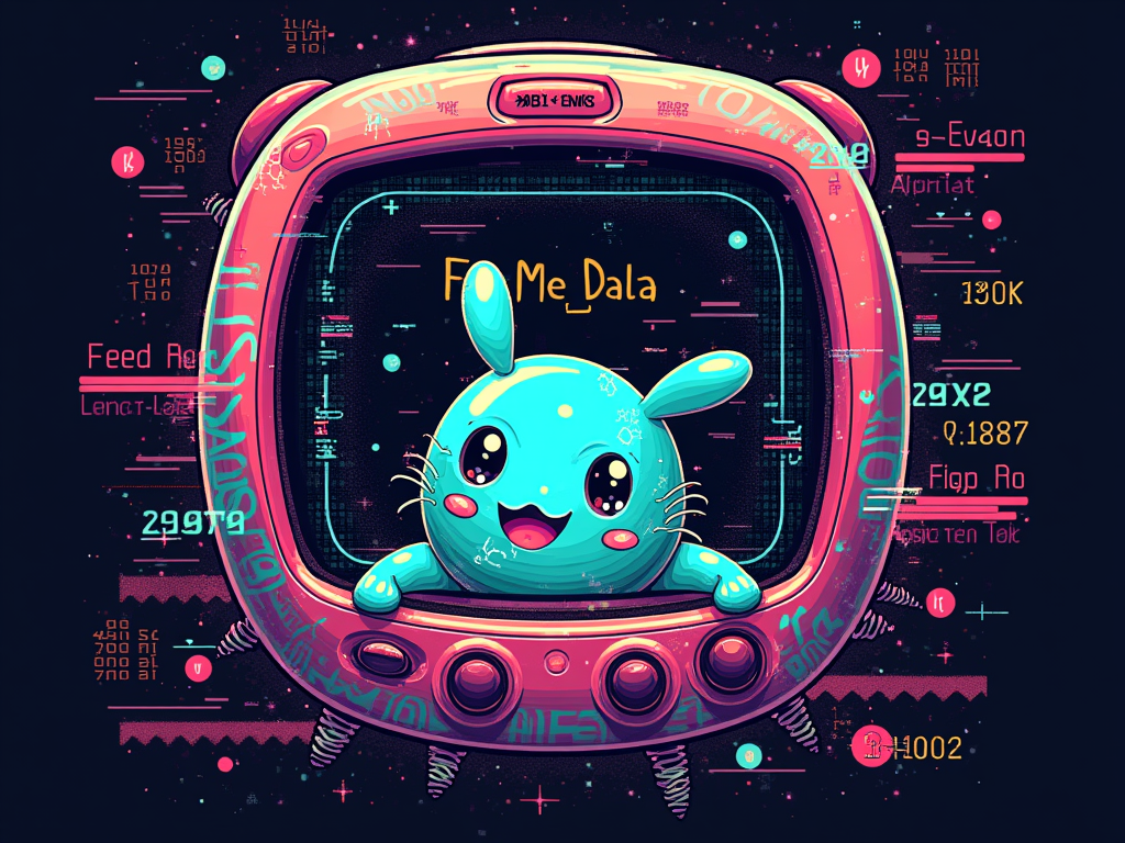 Cyberpet Tamagotchi Screen Glitch: A large, stylized Tamagotchi-like screen as the central element. The 'pet' inside is a cute but heavily glitched creature, with parts of its pixels dissolving or displaying 'error' symbols. The screen frame itself has Y2K chrome effects and digital patterns. Add text like 'Feed_Me_Data'.