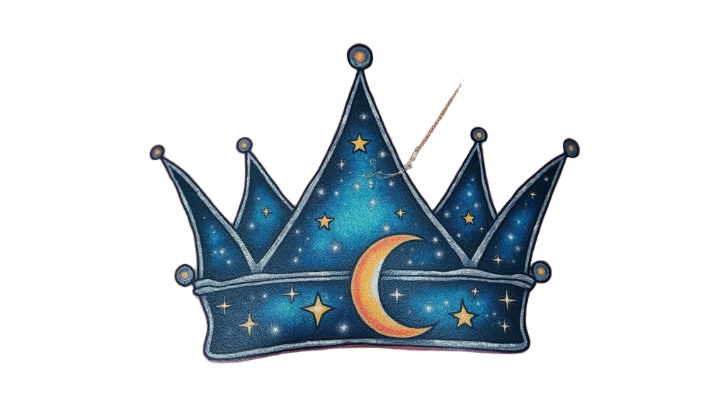 A starry night-themed crown tattoo on the chest, with celestial bodies woven into the crown's outline, reflecting dreams and aspirations.