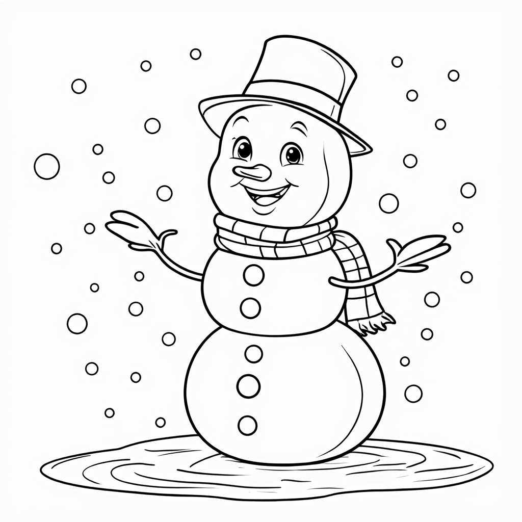 The image shows a snowman with a top hat and scarf, surrounded by a white background. The snowman is drawn in a sketch-like style, with a carrot nose, two coal eyes, and a carrot mouth. It is wearing a red and white striped scarf and a black top hat, and is standing in a puddle of snow.