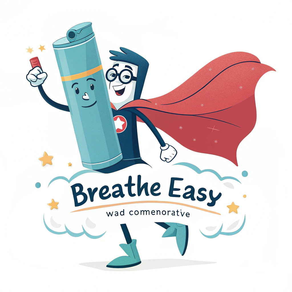 Sub-design idea 2 for WAD sticker: A stylized, approachable inhaler character portrayed with a superhero cape, to symbolize empowerment and effective asthma management, with the caption 'Breathe Easy - WAD Commemorative'.