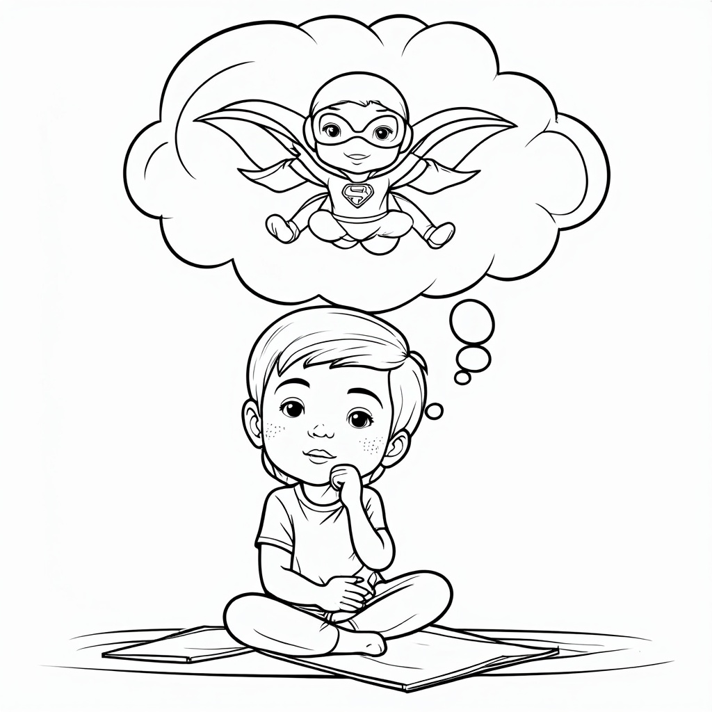 The child is shown daydreaming, with a thought bubble above their head containing the superhero they are designing, mid-flight or using a special power.
