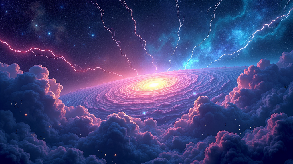 T-Shirt Idea 2: A dynamic panoramic depiction of an 'electric sky' featuring swirling neon nebulae and stylized lightning bolts that subtly form abstract mandala shapes. Small, glowing daisy elements are scattered like constellations within this vibrant scene.