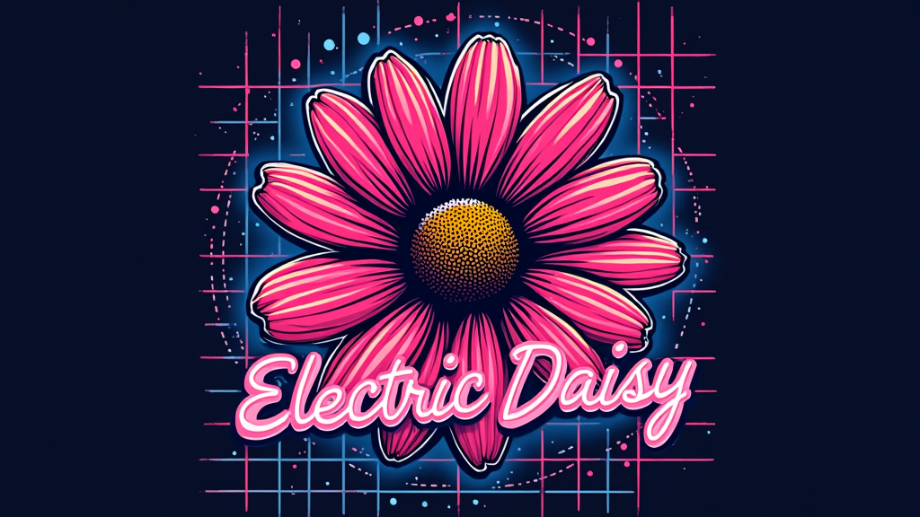 Retro-Futuristic Neon Daisy: A neon daisy design with an 80s retro-futuristic vibe. Think bold outlines, grid patterns in the background, and a color palette of hot pink, electric blue, and neon yellow. The daisy could have a slightly pixelated or glitchy effect. 'Electric Daisy' in a retro script font.