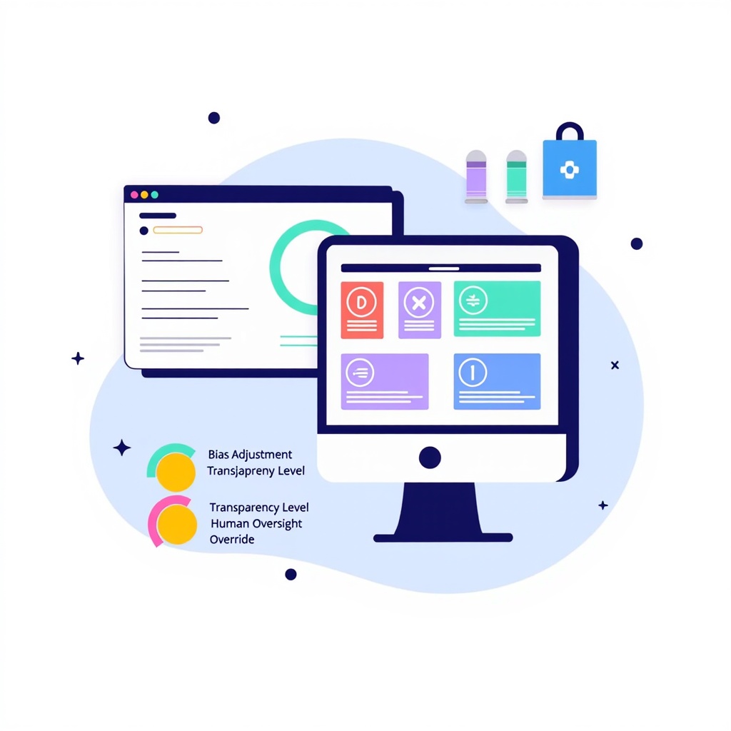 An AI interface showing a medical diagnosis. Next to it, a series of toggles or sliders labeled 'Bias Adjustment,' 'Transparency Level,' 'Human Oversight Override,' visually representing the ethical controls and decisions that need to be programmed and managed within healthcare AI systems.