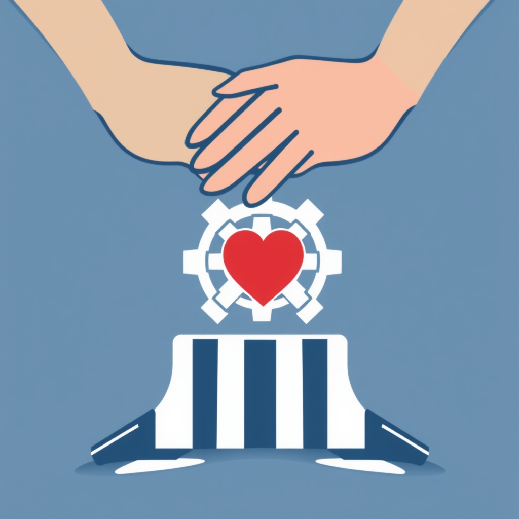 Interlocking hands forming a foundation, supporting an icon that combines a gear (industry) and a heart (health).