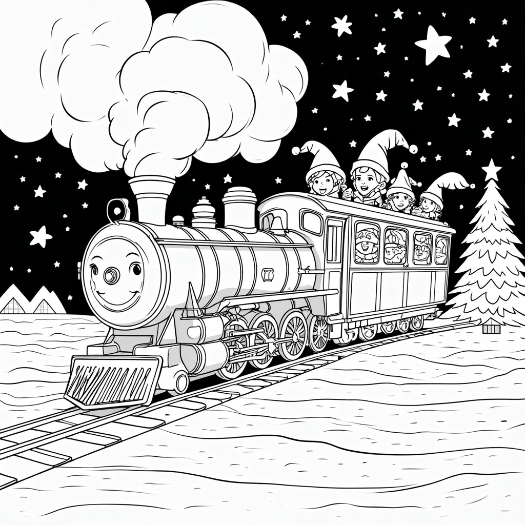 The image shows a sketch of Thomas the Tank Engine on a railway track with a few people inside, surrounded by a Christmas tree and stars in the background.