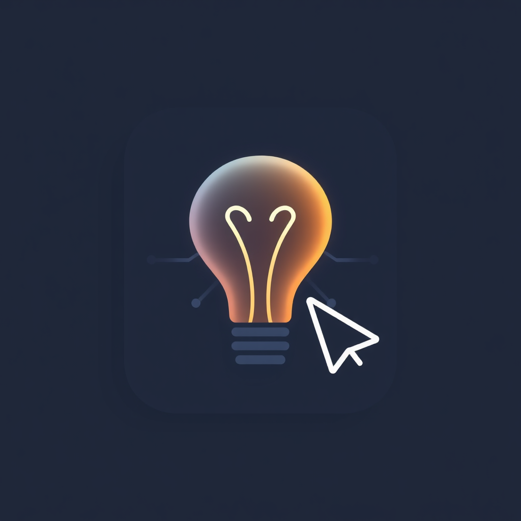 A minimalist icon featuring a glowing lightbulb element (Muse/Idea) merged with a subtle neural network pattern (AI), and a single stylized pixel or cursor (Tool Mark) interacting with the design.