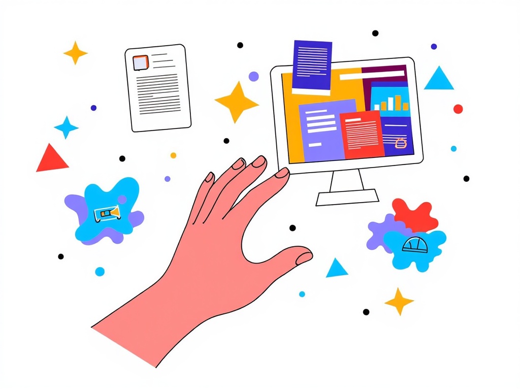 Sub-design idea 3: An illustration featuring a human hand interacting with a digital interface or a cloud of abstract shapes, from which diverse content illustrations (e.g., for articles, social media, data visualization) emerge, highlighting AI as a tool.