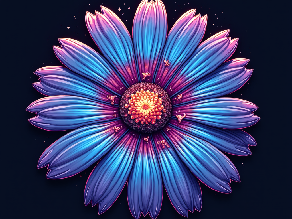 Music-Infused Mandala: The structure of the daisy mandala incorporates elements of sound and music. Petals could be shaped like stylized sound waves, equalizer bars, or even tiny dancing figures. The psychedelic patterns within these elements would react to the implied musical theme. Color palette emphasizes electric blues, purples, and vibrant pinks.