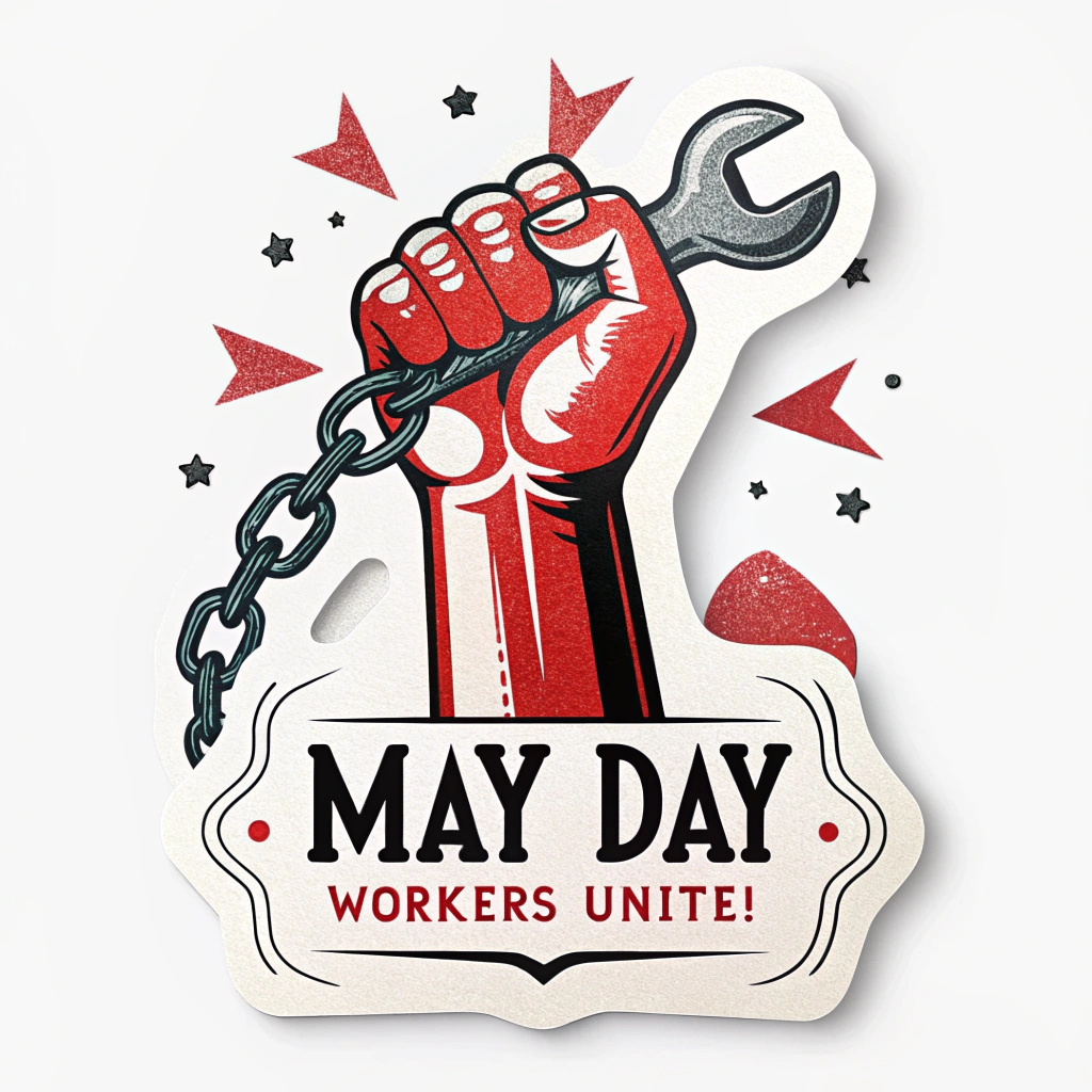Stylized raised fist, perhaps breaking chains or holding a symbolic tool (like a wrench or hammer). Text 'May Day: Workers Unite!' in a bold, impactful font surrounding or below the fist. Colors: Red, black, and white for high contrast.