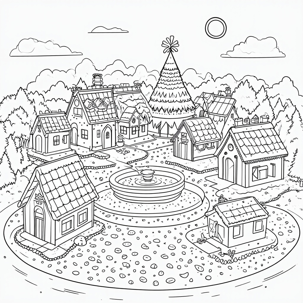 A 'Gummy Bear Village' made of various candies: houses from gingerbread, roofs from chocolate bars, pathways of jelly beans, and a central fountain spraying lemonade.