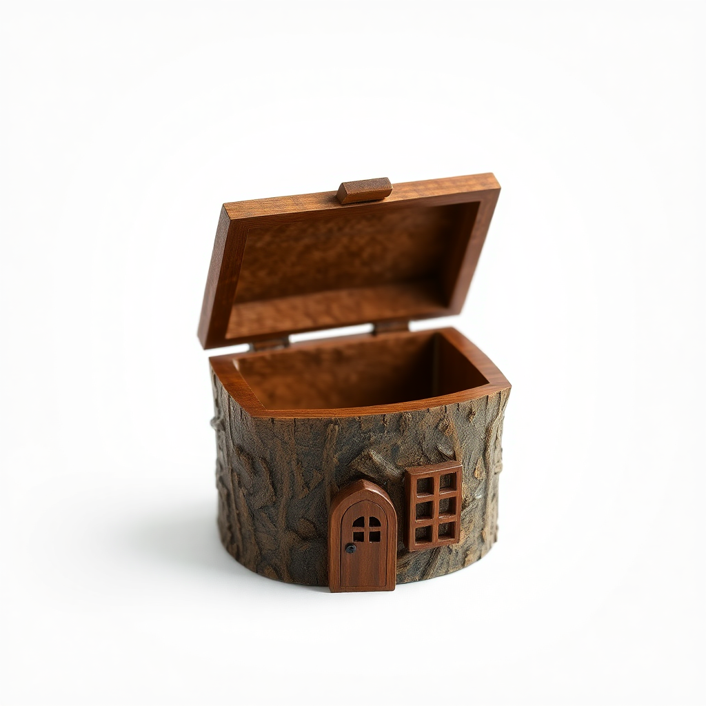 A small decorative wooden box with a hinged lid. The box's exterior is covered in textured bark and carved to mimic a miniature house structure. The inside is lined with soft felt. It could be used as a jewelry or keepsake box.