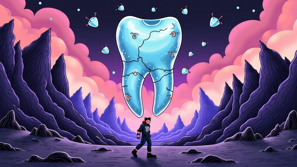 Abstract 'Toothache' Landscape: Create a surreal landscape where jagged, crystalline gemstone mountains rise from a dark, gritty desert. Perhaps a single, oversized, cracked tooth made of gemstone is a focal point. Post Malone could be a smaller figure journeying through this landscape, or his iconic elements (like face tattoos) could be subtly incorporated into the geological formations.