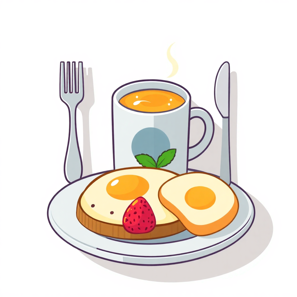 The image is an illustration of a breakfast meal. On the plate, there is a slice of toast with two fried eggs and a strawberry on top. Next to the toast, there are two forks and a knife. In the center of the plate is a white mug with a blue handle and a green leaf on the side. The mug is filled with orange-colored liquid, possibly coffee or tea. The background is white.