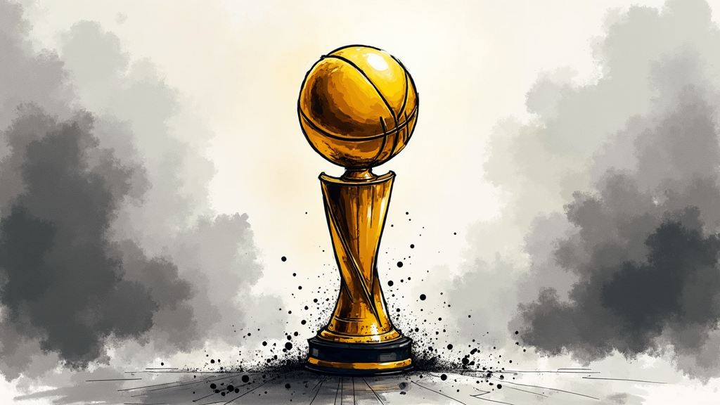 A high contrast ink wash painting of the NBA Trophy. Bold strokes and splatters articulate the shine and shadow, capturing its imposing presence against a wide backdrop of diffuse grays.