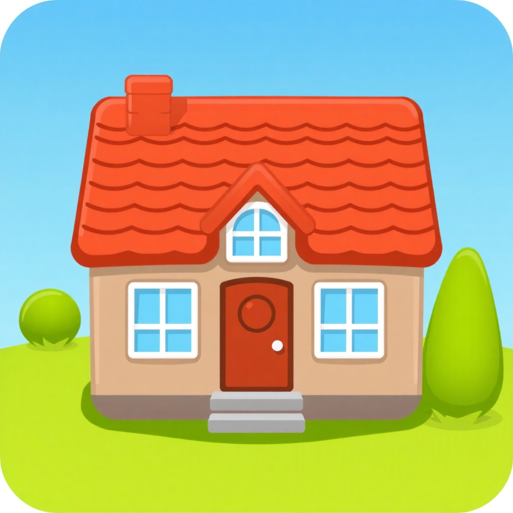 The image is a cartoon illustration of a small house with a red tiled roof. The house has a beige exterior with two windows on the front and a red door in the center. There is a chimney on the roof and a small window on the second floor. The front of the house is covered in green grass and there are two trees on either side of the door. The sky is blue and the overall color scheme of the image is bright and cheerful.