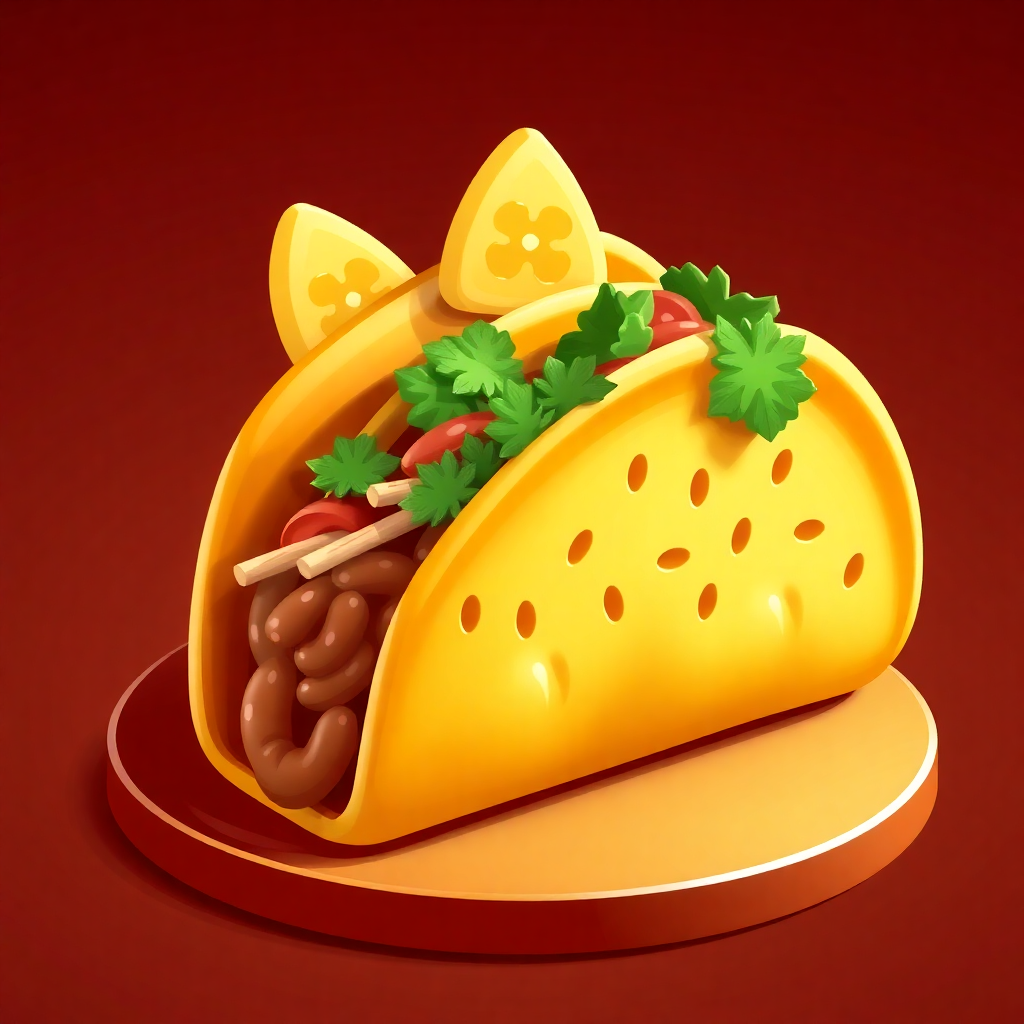 The image is a digital illustration of a taco on a red background. The taco is yellow in color and has a round shape with a hole in the center. It is filled with a variety of ingredients, including lettuce, tomato, and other vegetables. There are also two slices of lemon on top of the taco, which are garnished with a sprig of cilantro. On the side, there is a skewer of meat, which appears to be beef or beef tenderloin. The plate it is on is also yellow and is placed on the red background, which makes the taco stand out. The overall color scheme of the image is bright and vibrant.