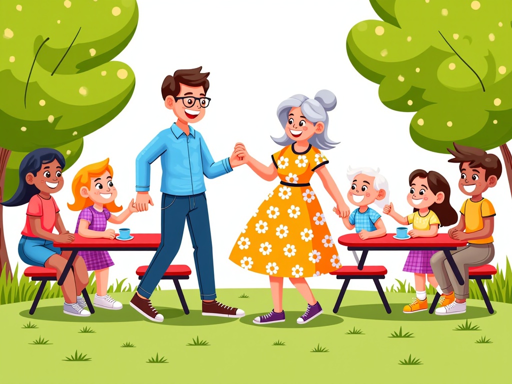  a family of six sitting around a picnic table in a park. The family consists of a father, mother, and six children. The father is standing in the center of the image, holding hands with the mother and the children around him. The mother is wearing a yellow dress with white flowers and has grey hair. The children are sitting on red benches around the table, and they are all smiling and enjoying each other's company. There are trees and bushes in the background, and the ground is covered in green grass. The sky is blue and the weather appears to be sunny and pleasant.