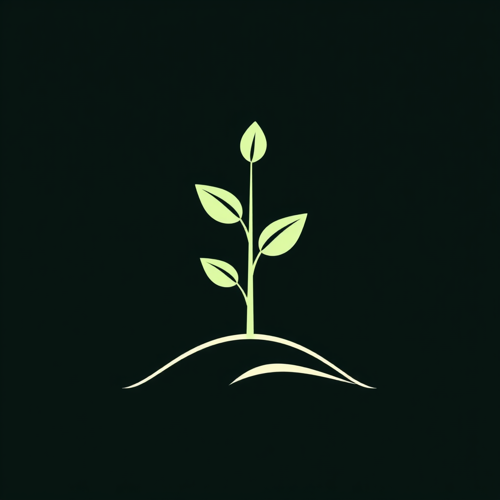 A minimalist icon: a delicate seedling emerging from a simple curved earth line, symbolizing new growth and eco-consciousness with clean geometry.