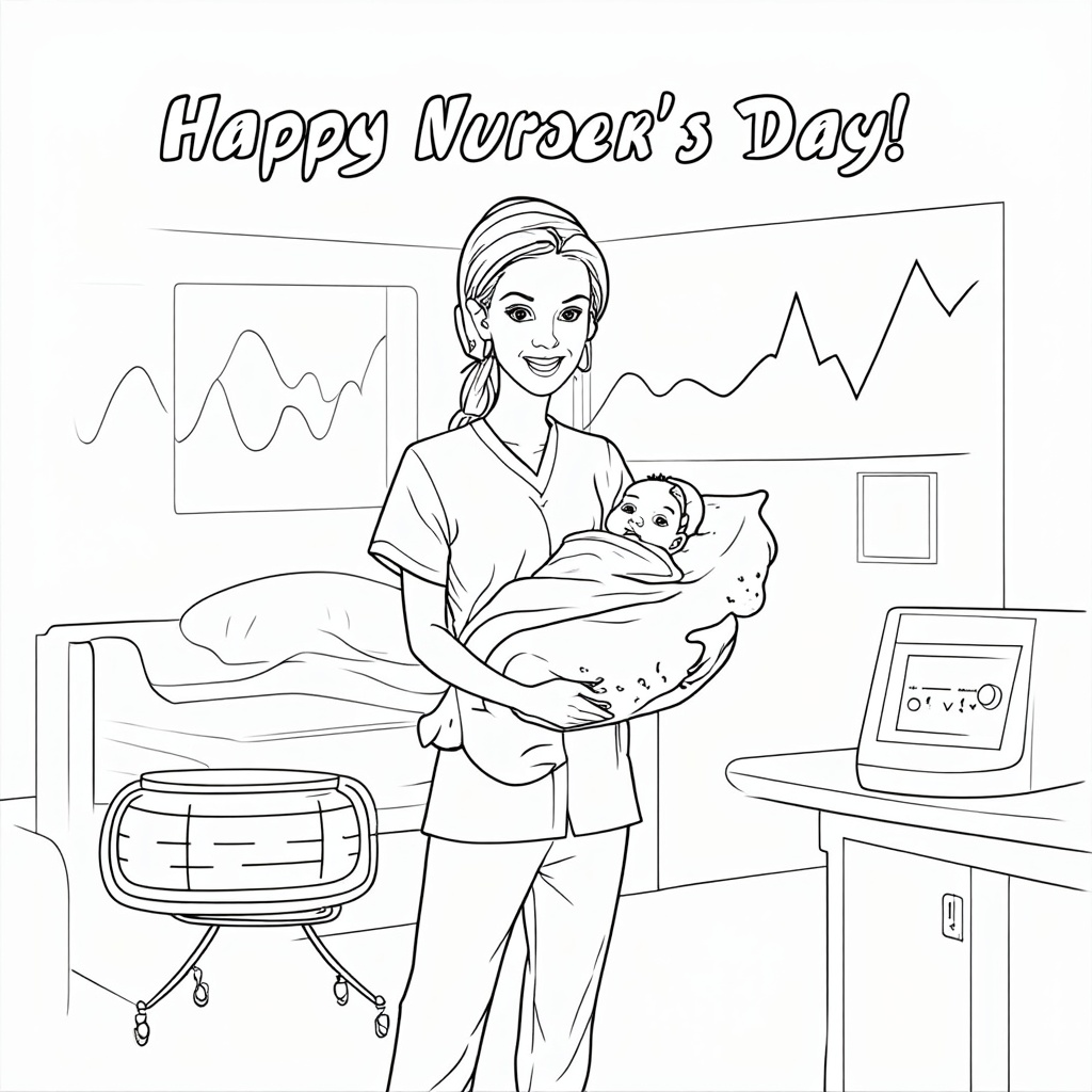 A detailed coloring page featuring a nurse in scrubs tenderly holding a swaddled newborn baby. The background could include soft outlines of hospital elements like a bassinet or a heart monitor line stylized into a gentle wave, with the text 'Happy Nurse's Day!' in a clear, colorable font at the top or bottom.