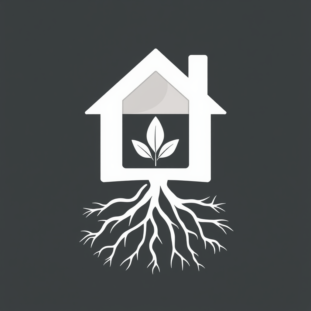 A simple house silhouette with visible roots extending from its base, and a subtle leaf element integrated into the roof or window, symbolizing intertwined housing and nature as foundational community roots.