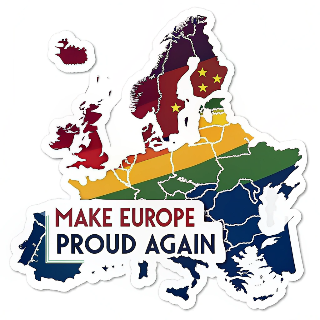 Outline of Europe filled with Pride colors, with the phrase 'Make Europe Proud Again'.