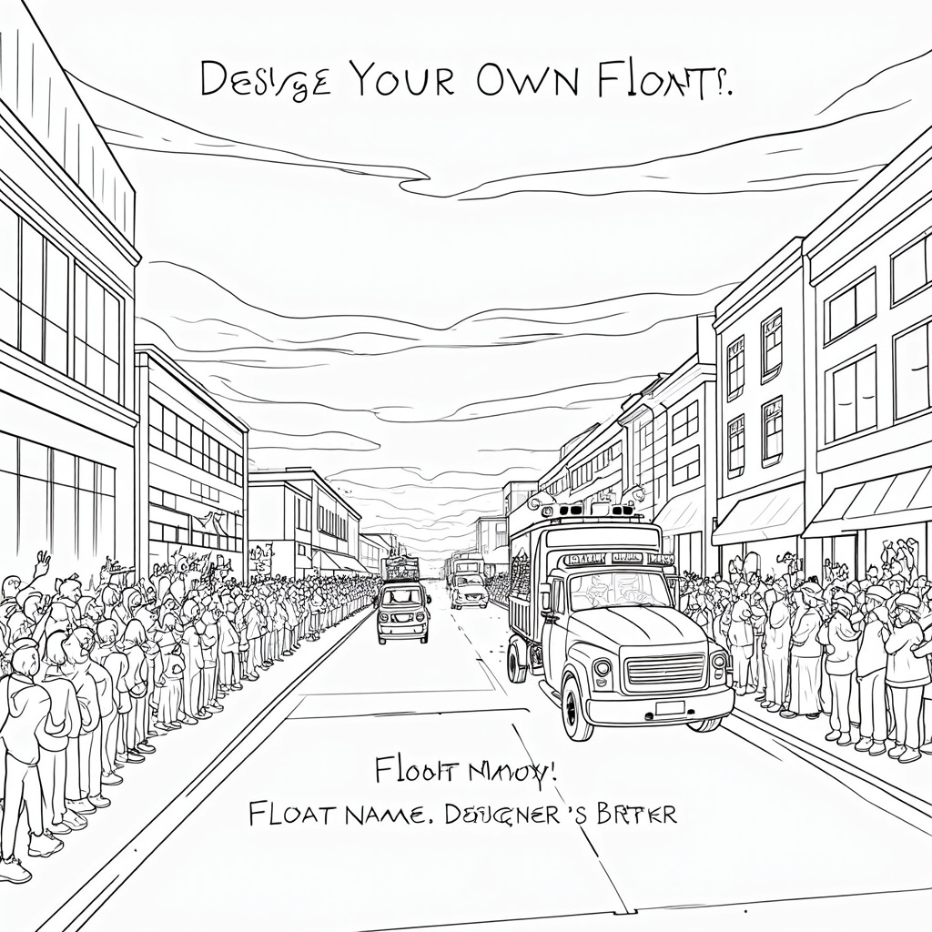 Design-your-own-float page set against a lightly drawn backdrop of a Portland parade route (e.g., downtown buildings, cheering crowds), including dedicated spaces to write the 'Float Name' and 'Designer's Name'.