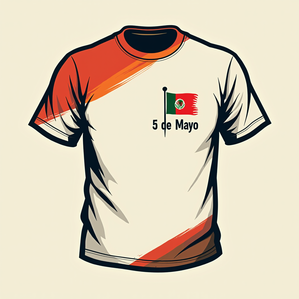 Modern Minimalist Picado Accent: A contemporary take featuring a single, stylized Papel Picado flag element (e.g., a dove or flower) placed as a clean graphic accent on the chest or T-shirt sleeve. Uses bold lines and limited bright colors, with '5 de Mayo' in a sleek, modern font.