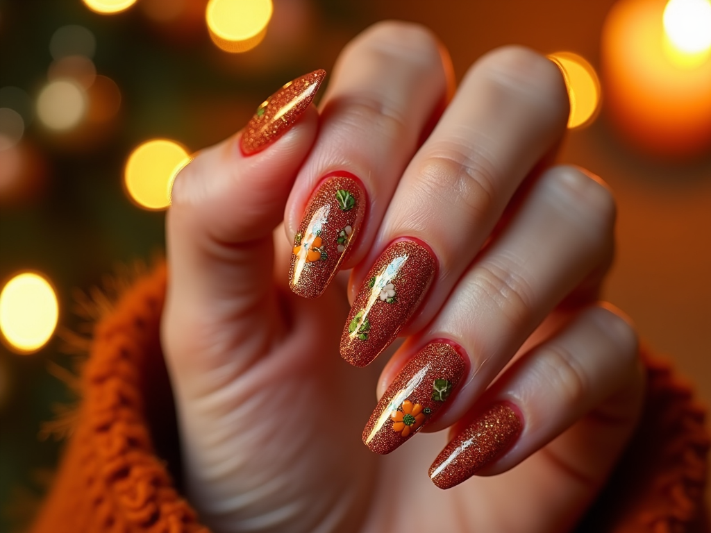 Dazzling Thanksgiving nails decorated with a mix of sparkly corn kernels and golden pumpkins for a festive gala feel.