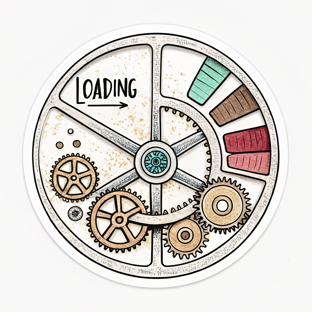 A sticker depicting a classic loading bar or progress wheel, but instead of filling with a solid color, it fills with increasingly complex and beautiful artistic textures as it 'processes' the data into design.