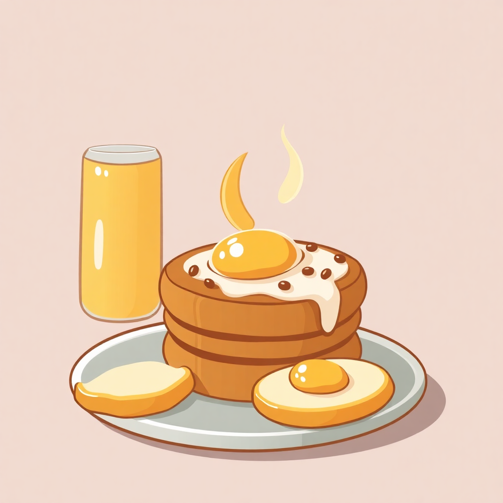 The image is an illustration of a breakfast scene. On the left side of the image, there is a glass of orange juice and a stack of pancakes on a plate. The pancakes are golden brown and appear to be freshly cooked. On top of the pancakes, there are two fried eggs with a runny yolk. The plate is white and there are a few slices of lemon scattered around the plate. There is also a drizzle of syrup on the pancakes. The background is a light pink color.