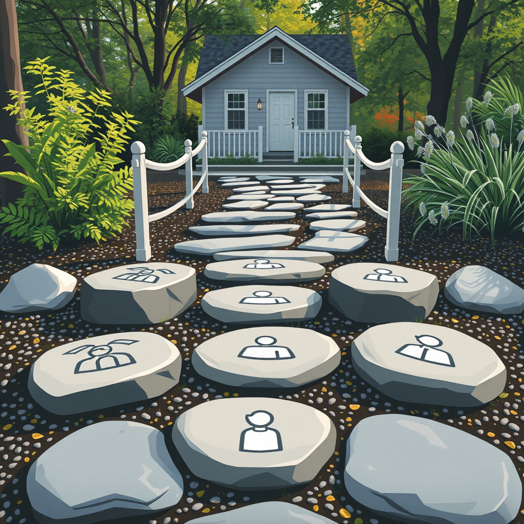 Sub Design Idea 3: Design a pathway or a series of stepping stones that form a bridge leading to a house. The stones could subtly incorporate icons representing community or diverse individuals, highlighting 'connecting people'.