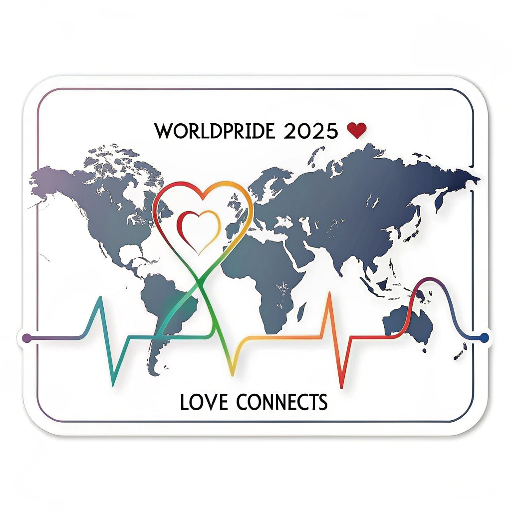 Global Heartbeat Sticker: A sticker featuring a stylized silhouette of the world map. A continuous EKG (heartbeat) line, colored with a rainbow gradient, travels across the map, forming subtle heart shapes at intervals. The words 'WorldPride 2025' and 'Love Connects' are clearly displayed.