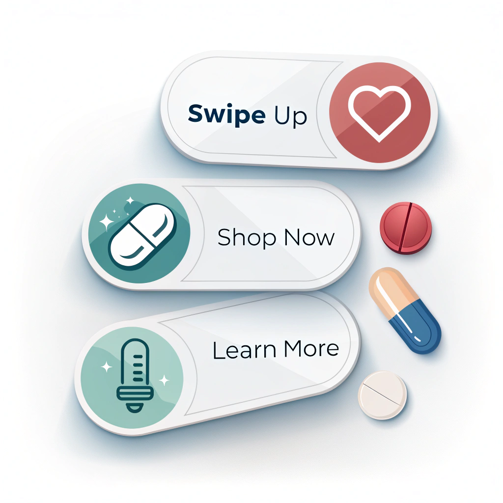 Animated Microinteraction CTA Stickers: Feature subtle animations like pulsing, gentle shimmers, or slight button-press effects on clean button shapes (e.g., pill, rounded rectangle) with clear text like 'Swipe Up,' 'Shop Now,' or 'Learn More'. Animations guide the eye without being distracting.
