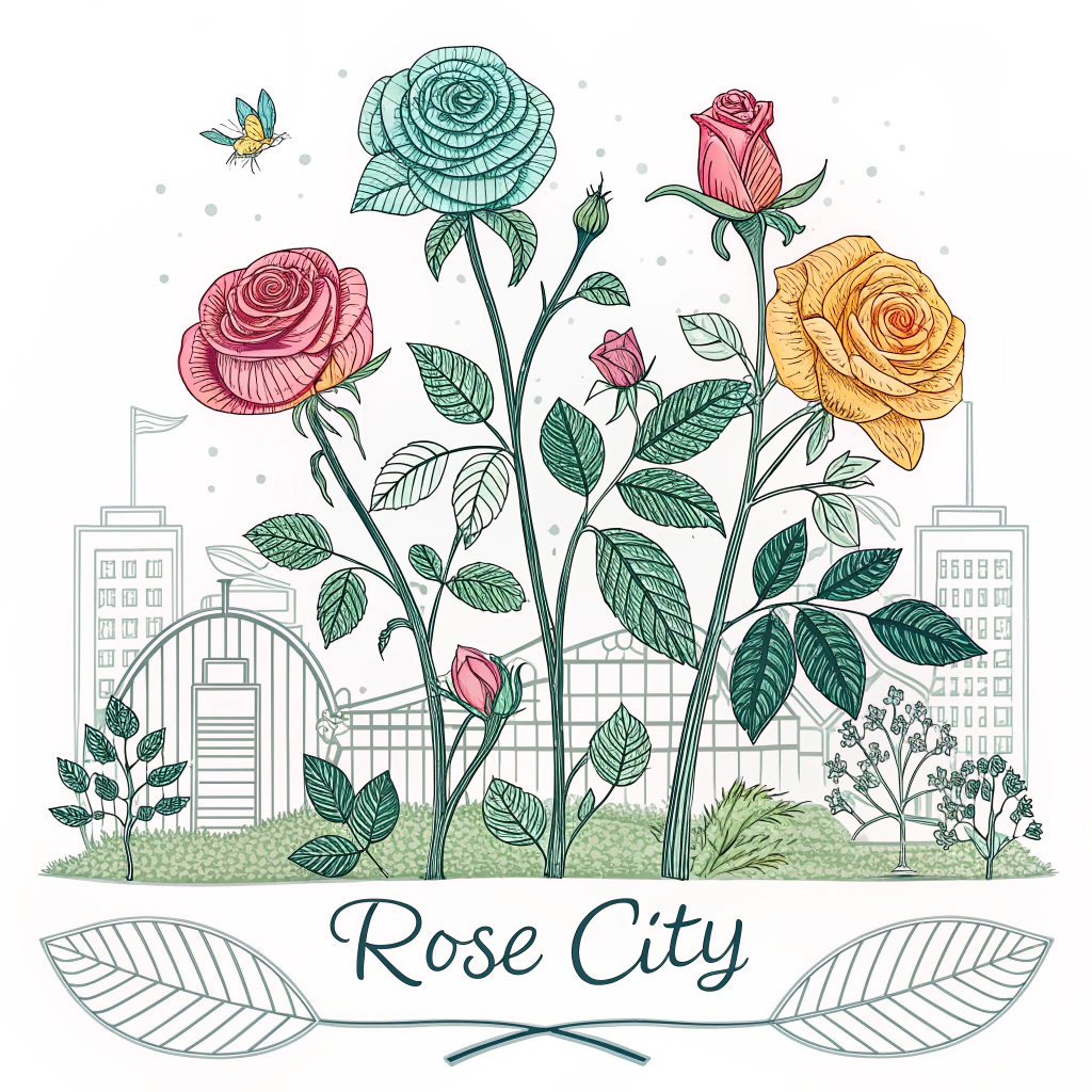 Minimalist line art sticker of the Rose Garden scene, with select roses in a vibrant color pop, and simple 'Rose City' text.