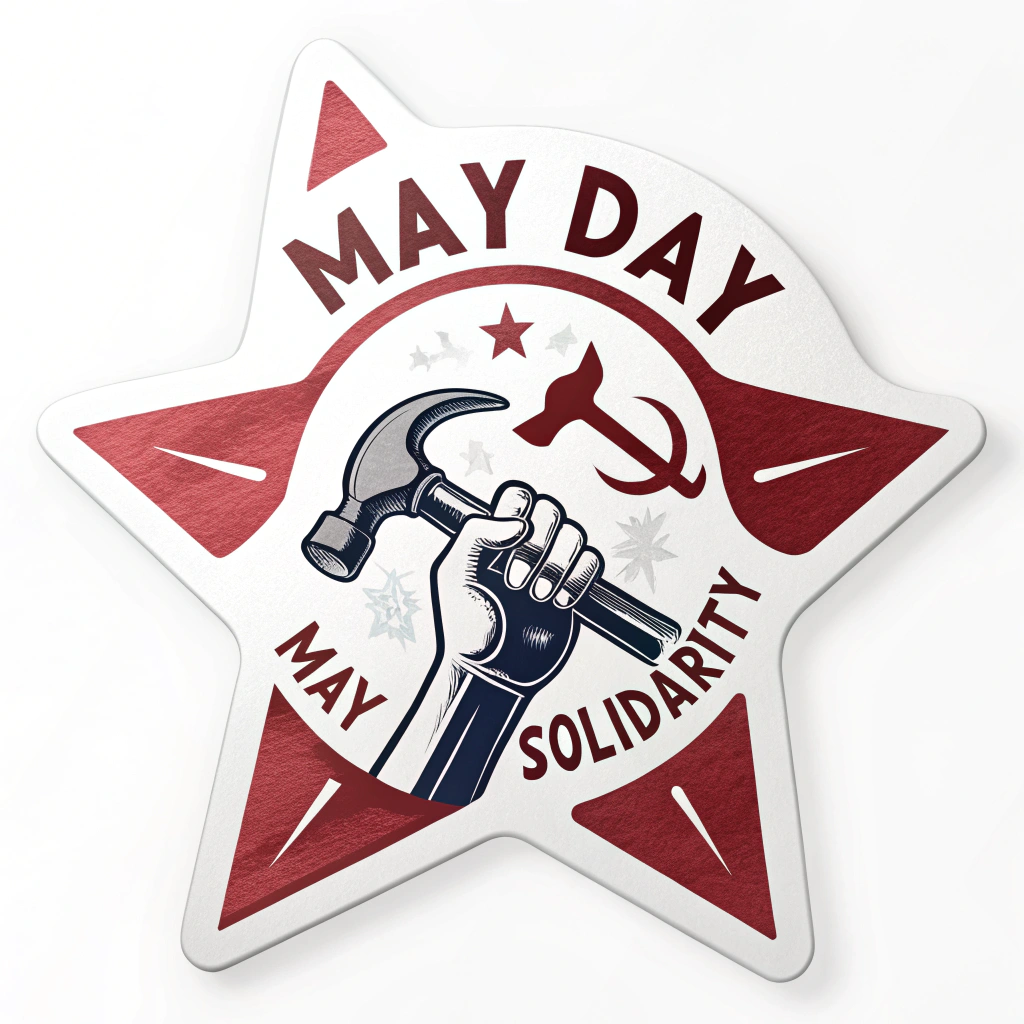 Sub-Design Idea 3: Silhouettes of the hammer, wrench, and sickle prominently displayed inside or overlaid upon a classic red star. Text such as 'May Day', 'May 1st', or 'Solidarity' could curve around the star or be placed underneath.