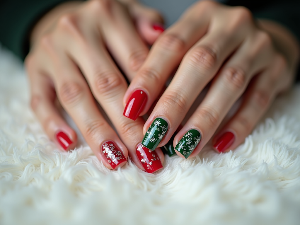  a pair of hands resting on a white furry surface. The hands are positioned in a way that the fingers are slightly spread apart. The nails are painted with a red base color and have a green and white design on each ring finger. The design appears to be a Christmas-themed nail art. The background is blurred, so the focus is on the hands and the nails.