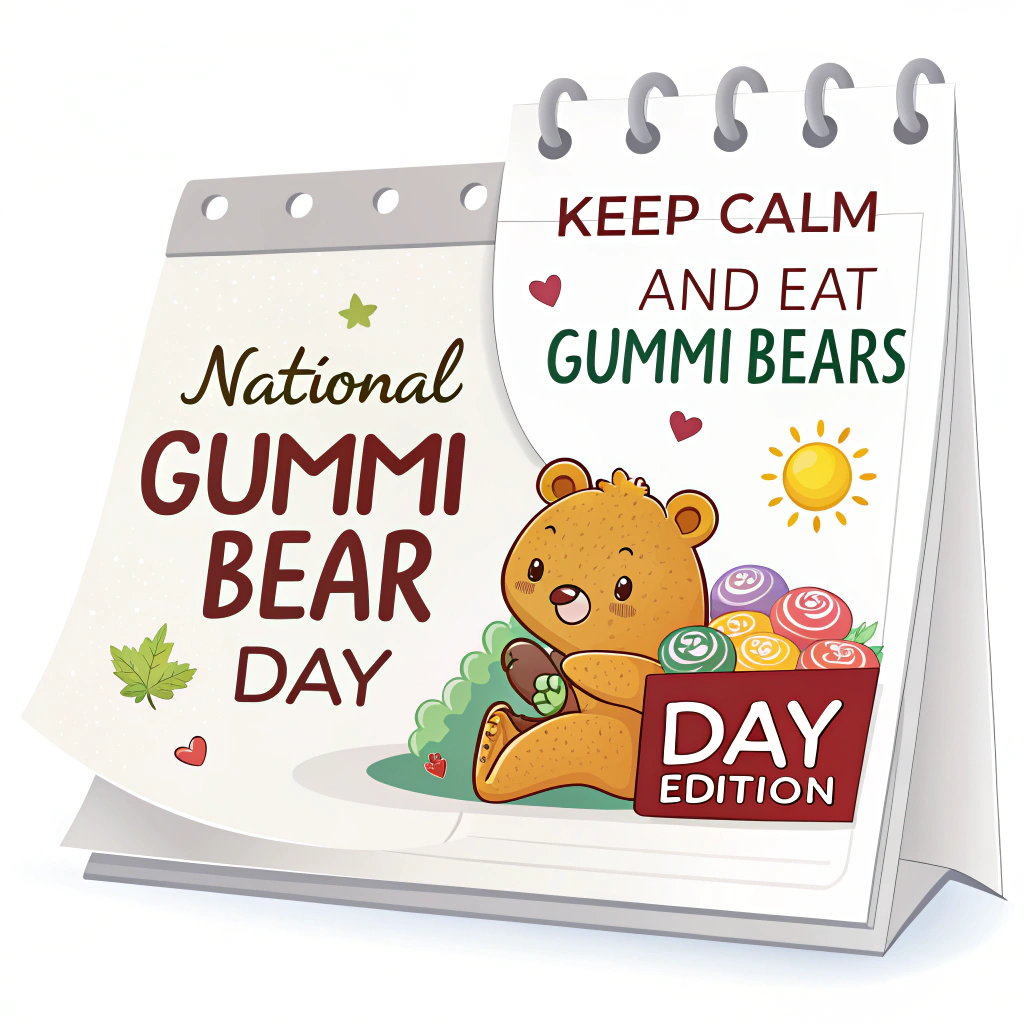 Sub-design: A sticker mimicking a tear-off calendar page, with 'NATIONAL GUMMI BEAR DAY' prominently displayed as the day's event. A cute gummi bear character could be peeking over the edge of the calendar page or sitting on it. The 'Keep Calm and Eat Gummi Bears' phrase is presented as a motivational quote for the day. 'Day Edition' is highlighted perhaps with a sun icon or by using bright, daylight-themed colors for the calendar page itself.