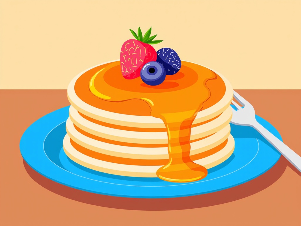 The image is an illustration of a stack of pancakes on a blue plate. The pancakes are golden brown and appear to be freshly made. On top of the stack, there is a drizzle of orange syrup that is dripping down the sides of the pancakes. On the plate, there are two blueberries and a strawberry with a green leaf on top. A fork is resting on the plate next to the stack. The background is a light orange color.