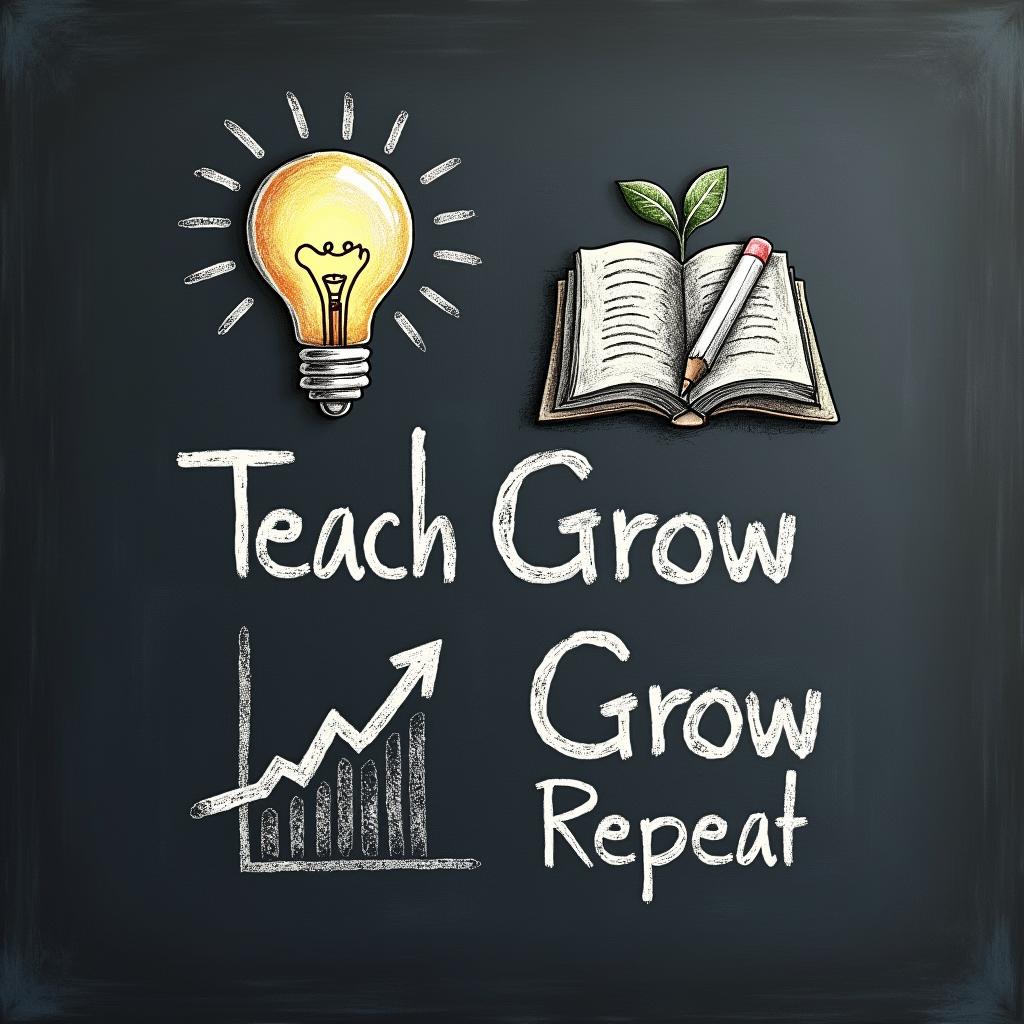 Chalkboard Theme: A design mimicking a chalkboard, with 'Inspire' represented by a lightbulb, 'Teach' by an open book or pencil, 'Grow' by an upward-trending graph or plant sprout, and 'Repeat' by a circular arrow symbol.