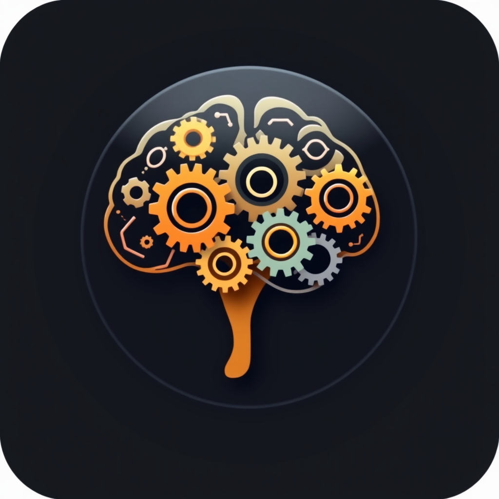 Icon showing interconnected gears and cogs forming the shape of a human brain, symbolizing the mechanical aspect of automation controlled by AI.