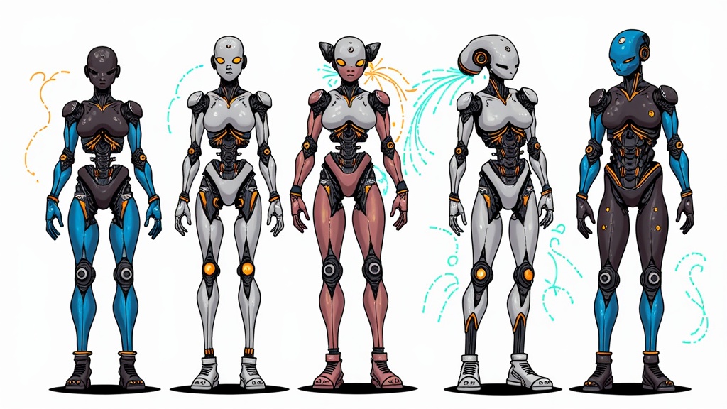 Design cybernetic characters where the AI generates unique integrations of organic and mechanical parts, showcasing a 'symbiotic evolution' theme. For example, metallic structures seamlessly woven into musculature or glowing data streams flowing through synthetic veins, with the AI specifically tasked to create forms that feel both alien and natural.