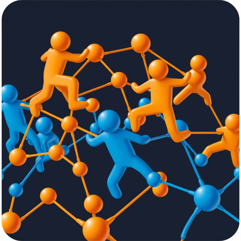 Sub-design 3: Figures dynamically linked, perhaps with varying sizes, forming a resilient, flexible net structure. Use contrasting colors like orange (caution/action) and blue (safety/stability).